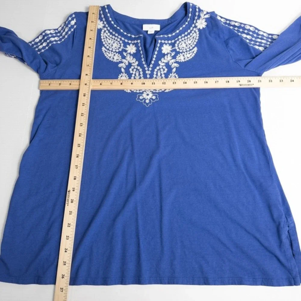 J Jill‎ Embroidered 3/4 Sleeve Tunic Top Petite Large Blue Boho Coastal Beach - Picture 4 of 16